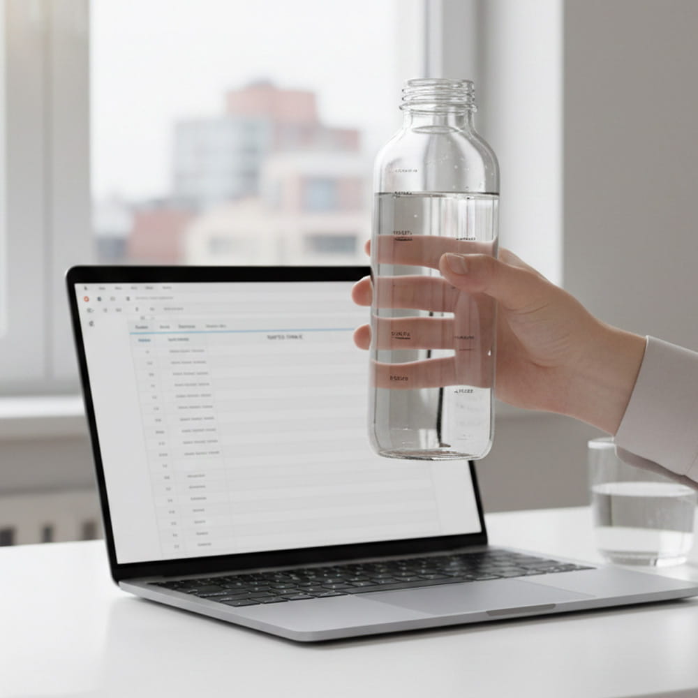 Glas-Trinkflasche mit Skala als Erinnerungshilfe beim Arbeiten im Homeoffice.