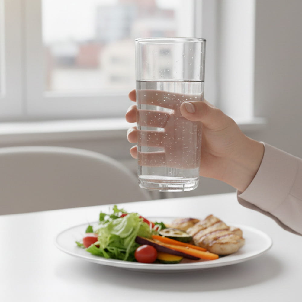 Hand mit Wasserglas über Teller – Wasser als gesunder Begleiter zu ausgewogener Mahlzeit.