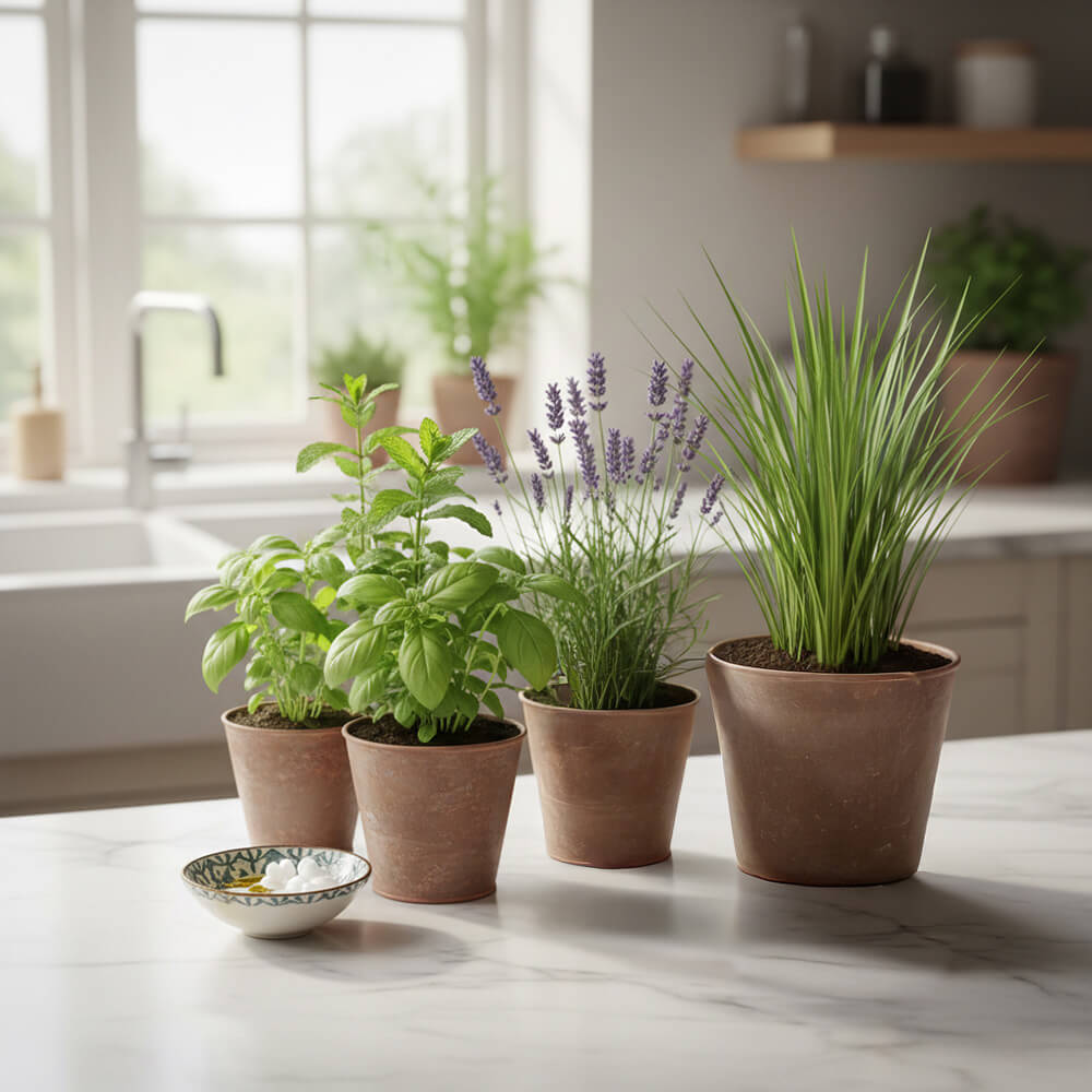 Kräuter auf der Fensterbank – können als Duftbarriere gegen Fruchtfliegen helfen