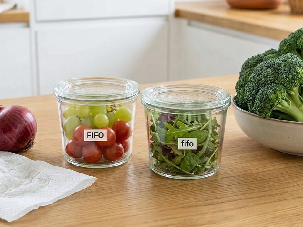 FIFO-Prinzip der Lebensmittel-Lagerung in Glasbehältern mit Salat und Tomaten zur Vermeidung von Lebensmittelverschwendung