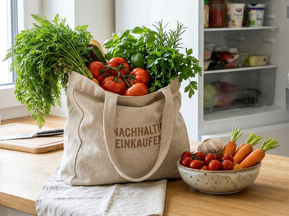 Frisches Gemüse aufbewahren mit Einkaufsbeutel vor geöffnetem Kühlschrank, Karotten und Tomaten im Fokus