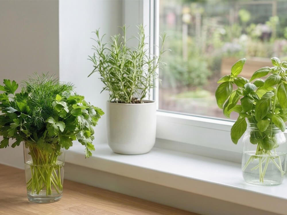 Frische Kräuter im Glas auf Fensterbank für Gemüse länger frisch halten