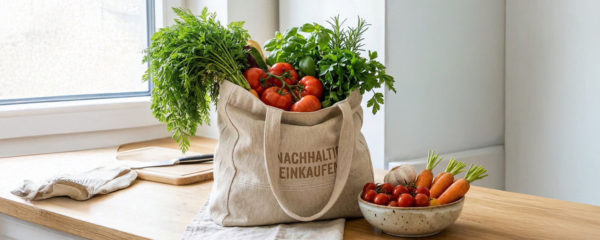 Nachhaltig einkaufen mit Stoffbeutel, frischem Bundgemüse, Tomaten und Kräutern auf Holzarbeitsplatte