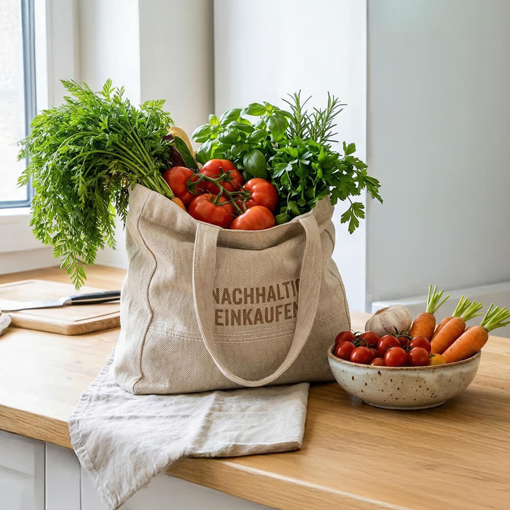 Gemüse länger frisch halten mit frischem Bundgemüse, Tomaten und Kräutern in Stoffbeutel auf Holzarbeitsplatte