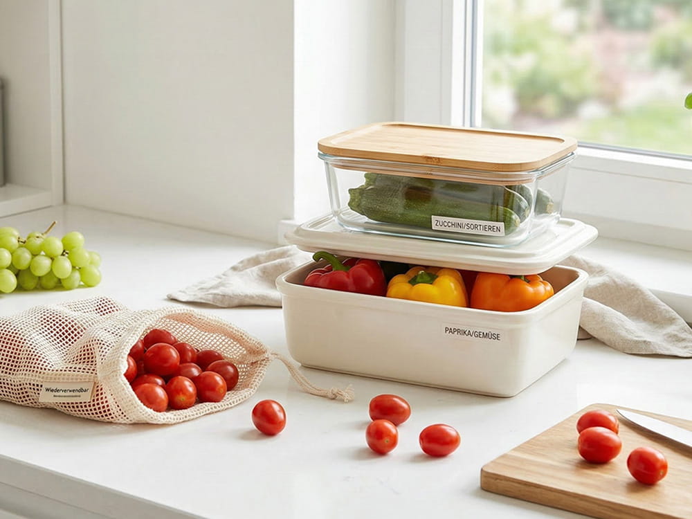 Gemüse lagern ohne Plastik in Glasboxen und wiederverwendbaren Stoffnetzen auf einer hellen Küchenarbeitsplatte