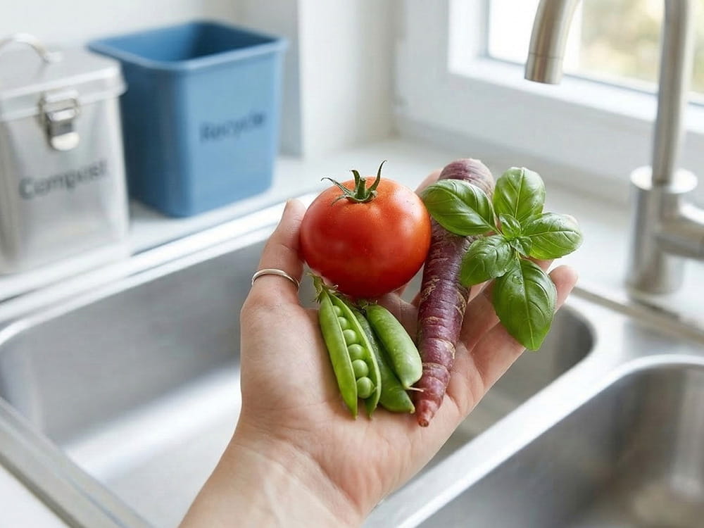 Frisches Gemüse waschen und vorbereiten mit Tomaten, Erbsen und lila Karotten am Spülbecken