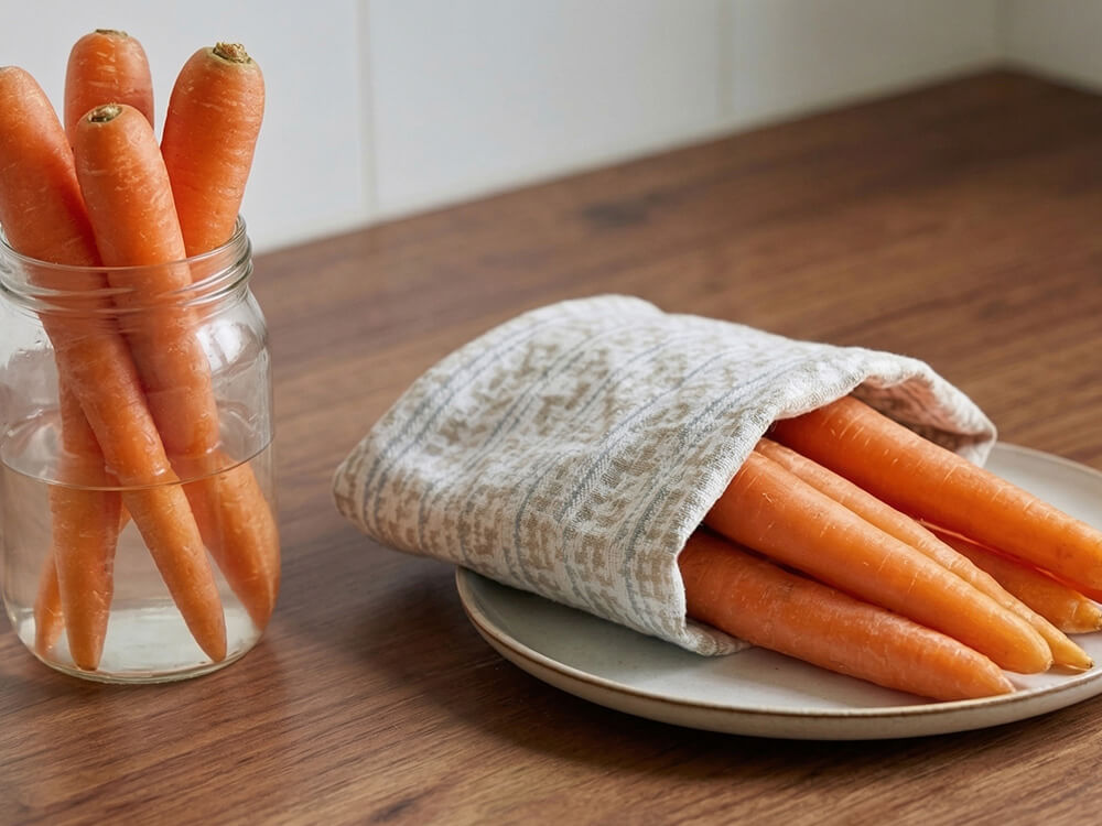 Übersichtsgrafik zum Karotten frisch halten, Salat lagern und Kräuter aufbewahren im Wasserglas oder feuchten Tuch