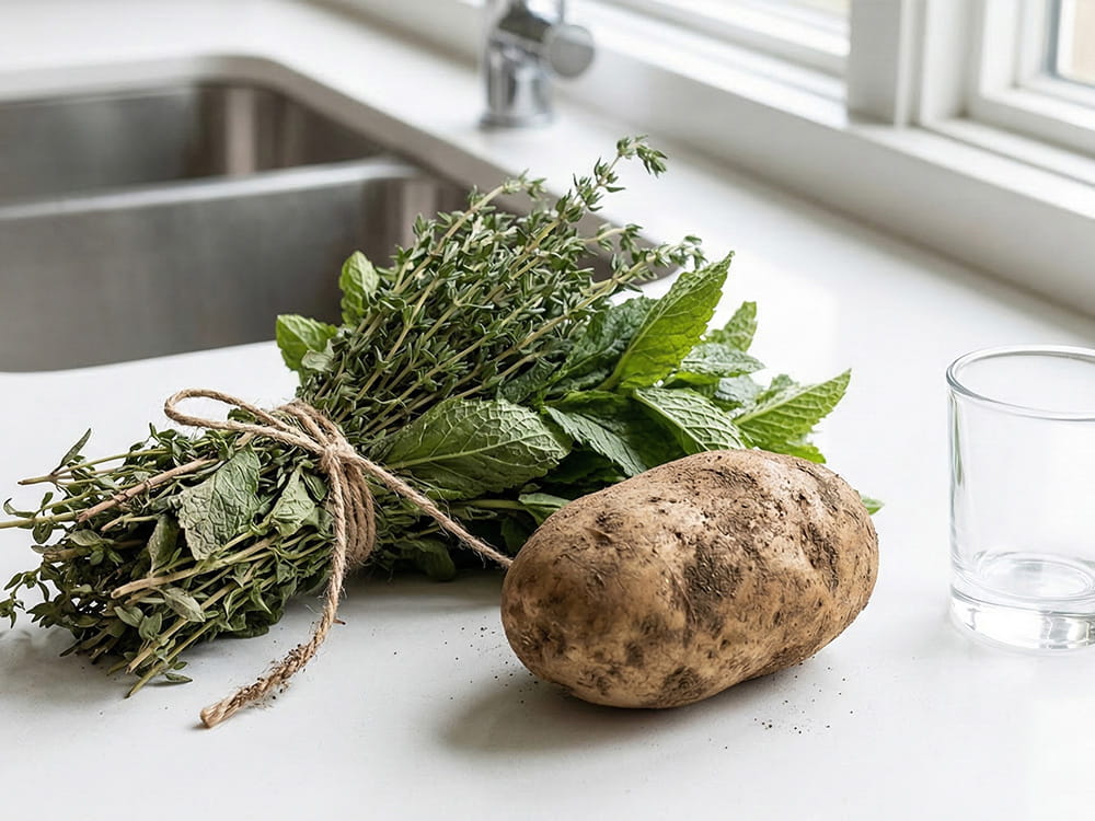 Kräuter frisch halten mit Tipps für Minze und Thymian neben einer Kartoffel auf weißer Kücheninsel