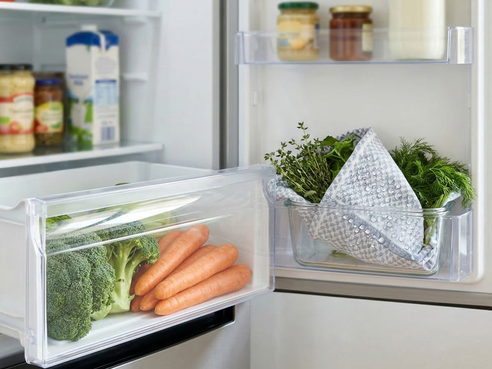 Kühlschrank richtig einräumen mit Brokkoli und Karotten im Gemüsefach sowie frischen Kräutern in der Tür