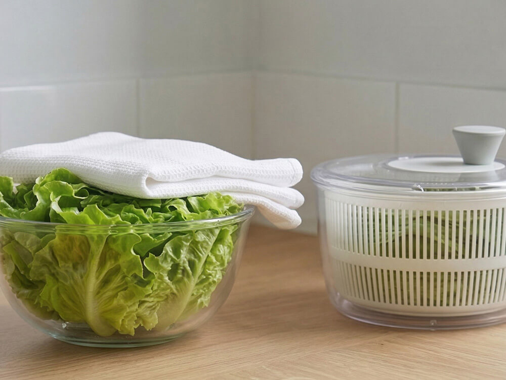 Gewaschener Salat mit Tuch und Salatschleuder für längere Frische