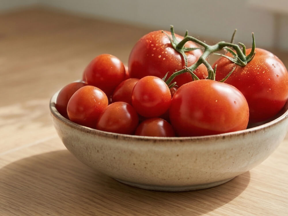 Frische Tomaten in Schale auf Arbeitsfläche für längere Haltbarkeit