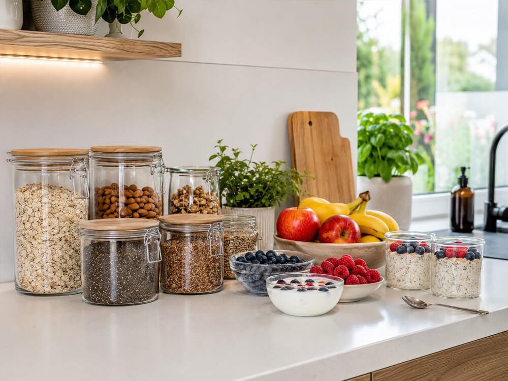 Gesunde Frühstücksecke mit Haferflocken, Obst und Vorratsgläsern auf der Küchenarbeitsplatte