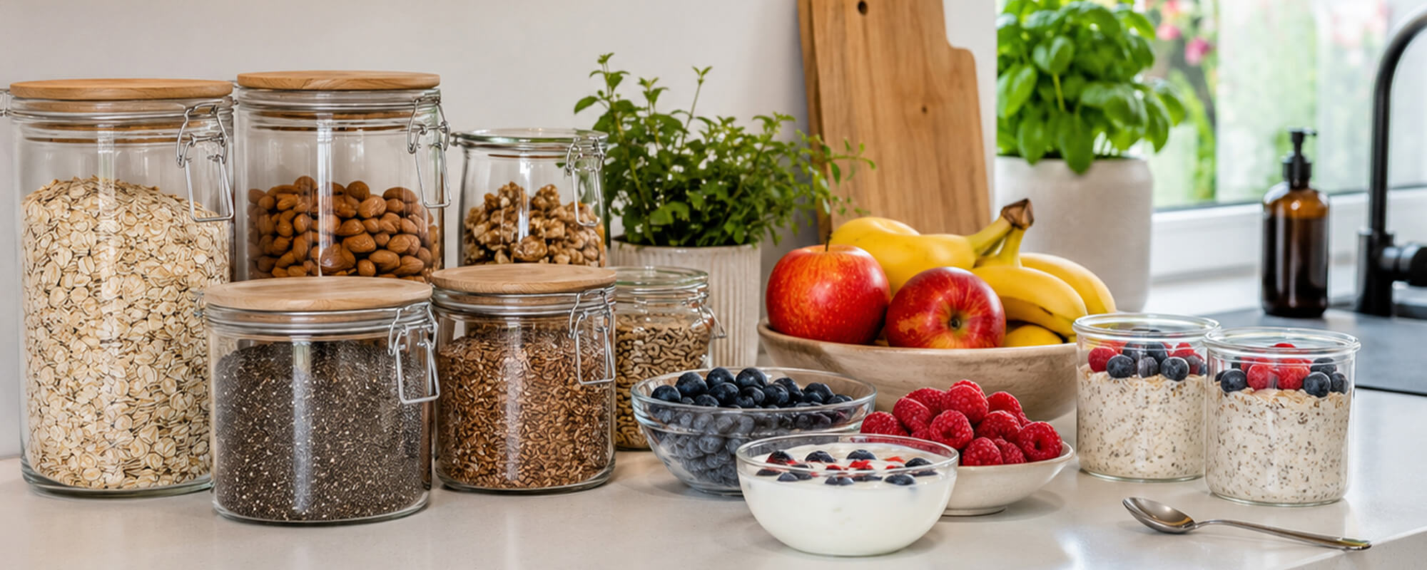 Gesunde Frühstücksecke in der Küche mit Vorratsgläsern, Obst, Haferflocken und Joghurt
