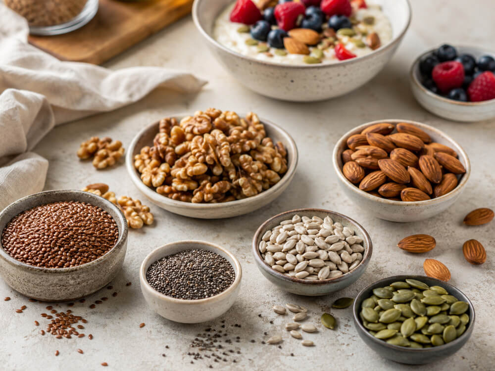 Nüsse, Samen, Haferflocken und Beeren als gesunde Toppings für Frühstücksschalen