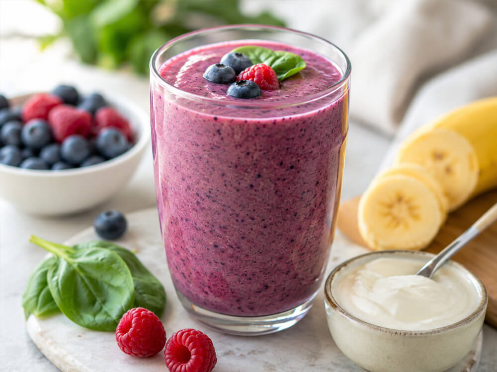 Rosa Smoothie mit Beeren, Banane, Haferflocken und frischem Obst