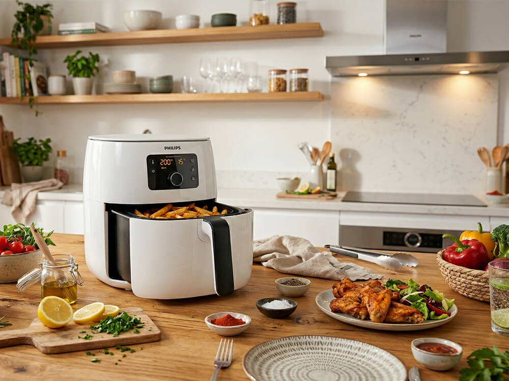 Heißluftfritteuse auf Arbeitsplatte mit Pommes, Hähnchen und Gemüse