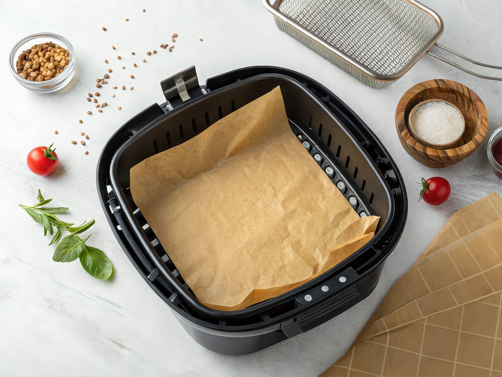 Airfryer-Korb mit Backpapier behindert die Luftzirkulation
