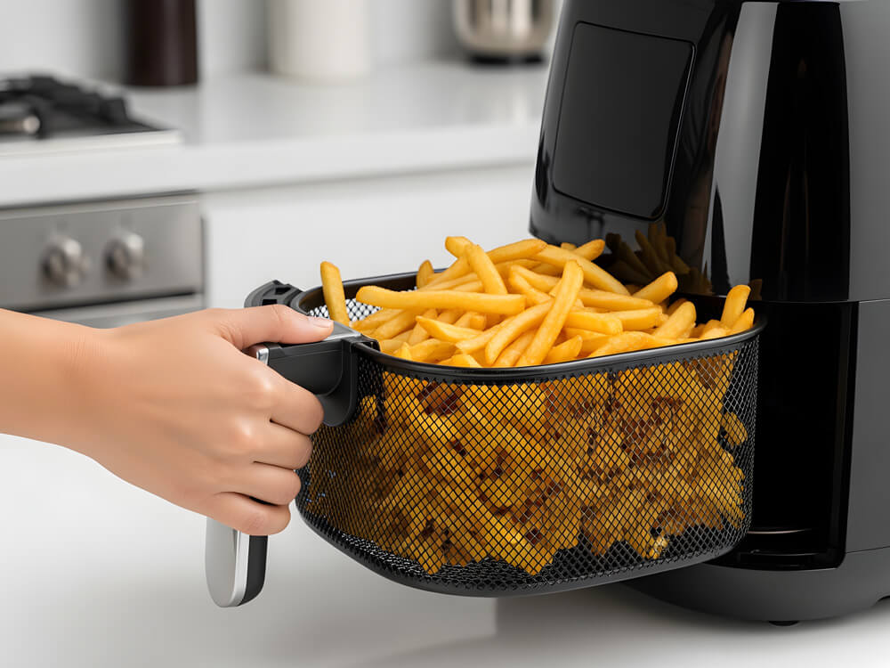 Überfüllter Airfryer-Korb mit Pommes verhindert optimale Luftzirkulation