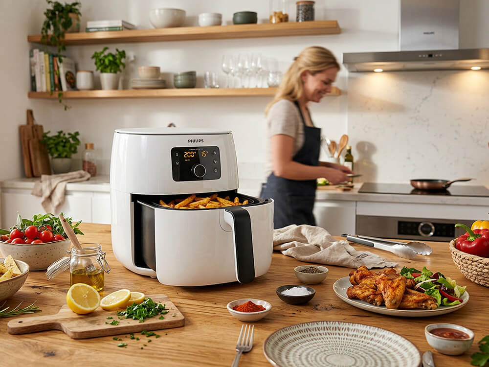 Frau bereitet knusprige Pommes im Airfryer in moderner Küche zu