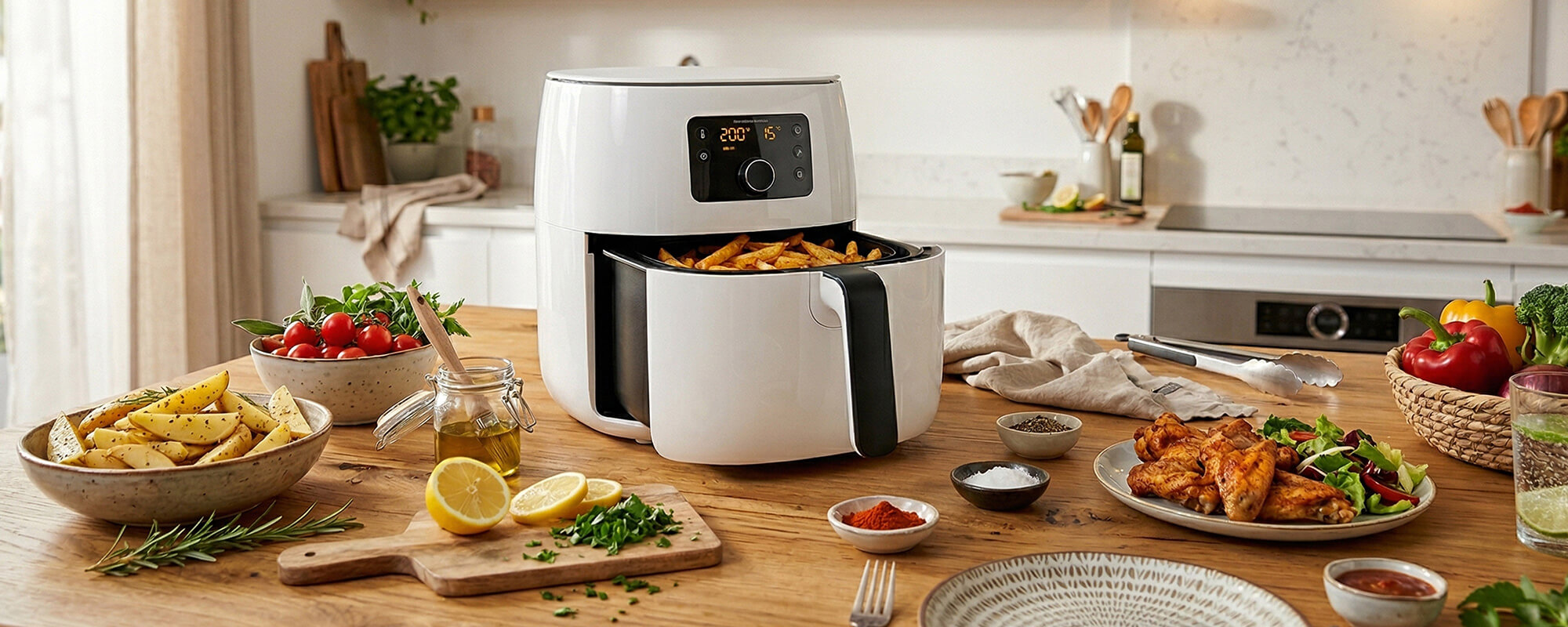 Weißer Airfryer in moderner Küche mit Pommes und Hähnchenflügeln bei hoher Temperatur