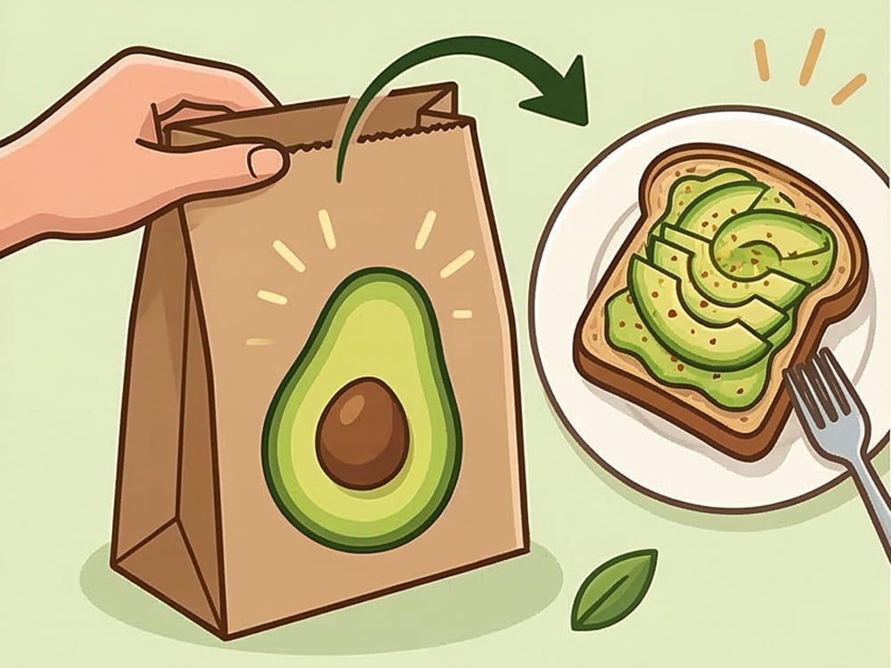 Illustration einer Papiertüte mit Ethylen-Gas zum schnelleren Nachreifen von Avocados