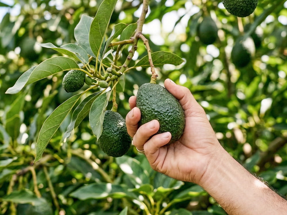 Frische Avocado-Früchte direkt am Baum während der Ernte