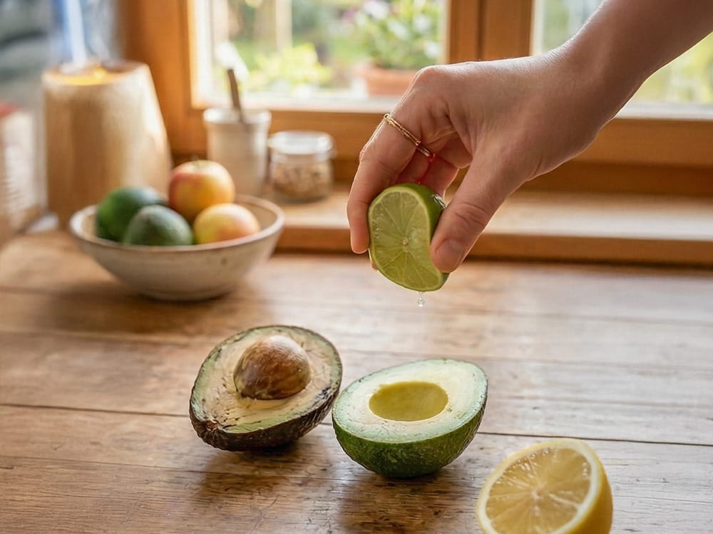 Limettensaft wird auf eine Avocado-Hälfte geträufelt, um Oxidation zu stoppen