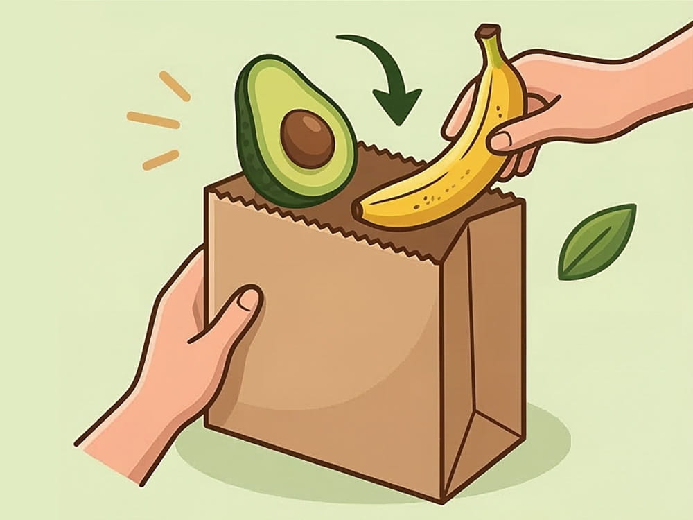 Avocado in Papiertüte neben Avocado-Toast als Illustration zum schnelleren Nachreifen