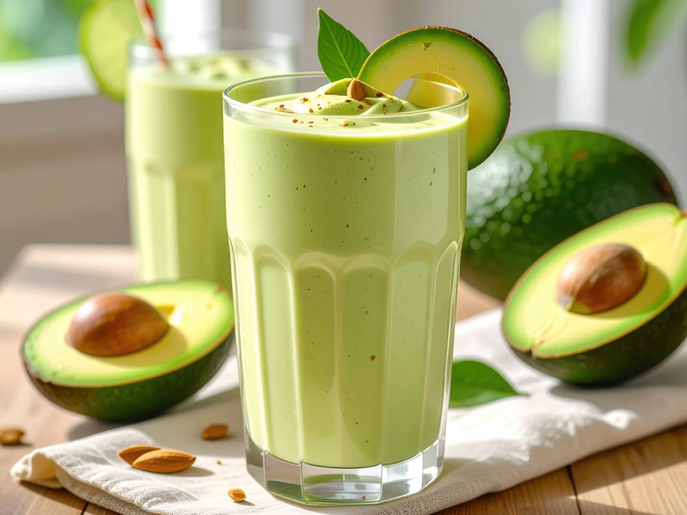 Cremiger grüner Avocado-Smoothie mit Mandeln serviert in einem Glas