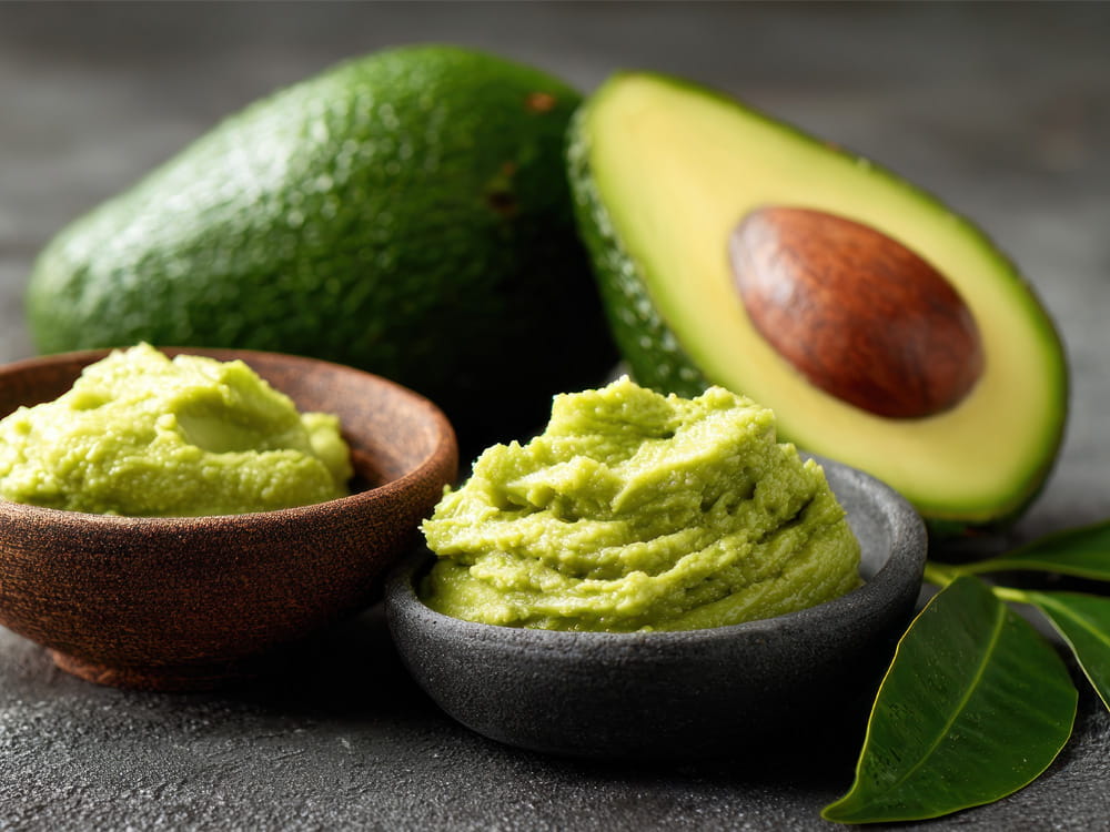 Hausgemachte Guacamole in Schälchen neben einer perfekt gereiften Avocado