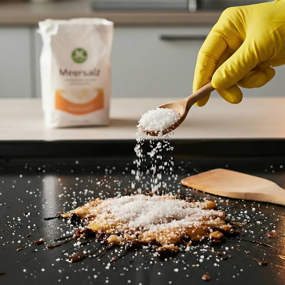 Meersalz wird auf eingebrannte Flecken auf einem Backblech gestreut.