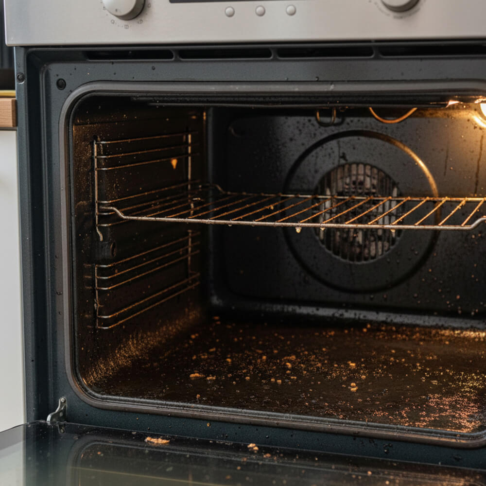 Innenansicht eines stark verschmutzten Backofens mit eingebrannten Essensresten am Boden.