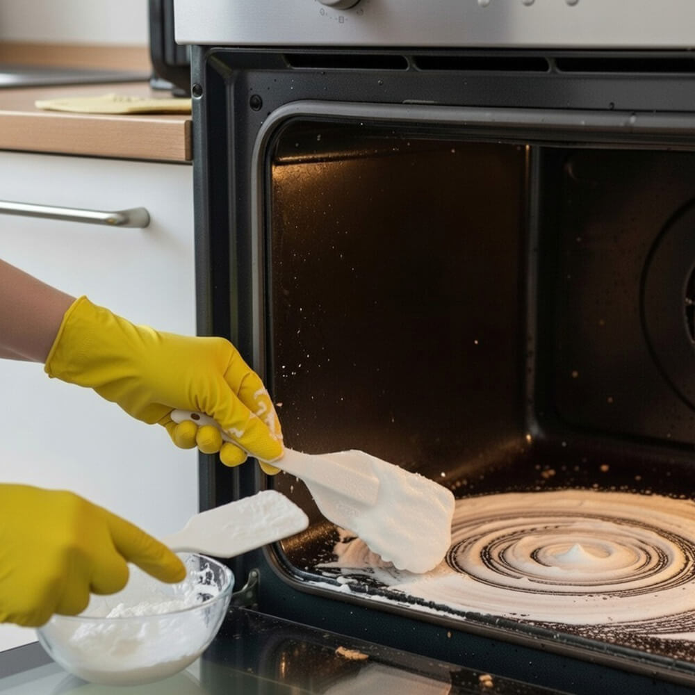 Weiße Natron-Paste wird mit einem Spatel auf den Ofenboden aufgetragen.