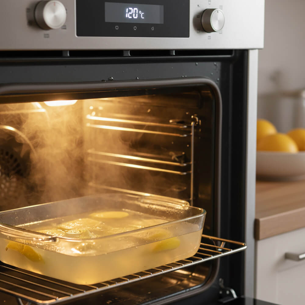 Auflaufform mit Zitronenwasser im Backofen bei 120 Grad zum Lösen von Fett.