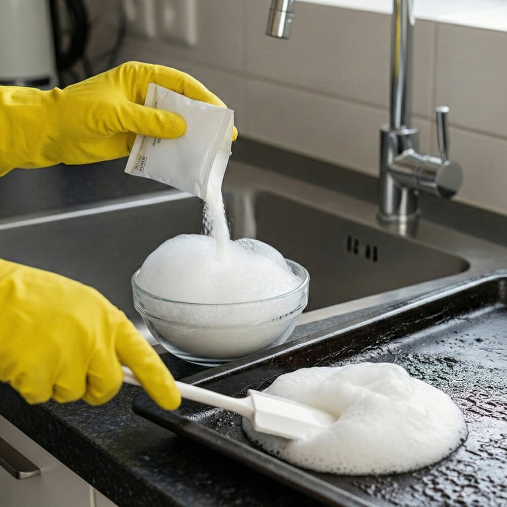 Natron und Wasser werden zu einer Reinigungspaste angerührt.