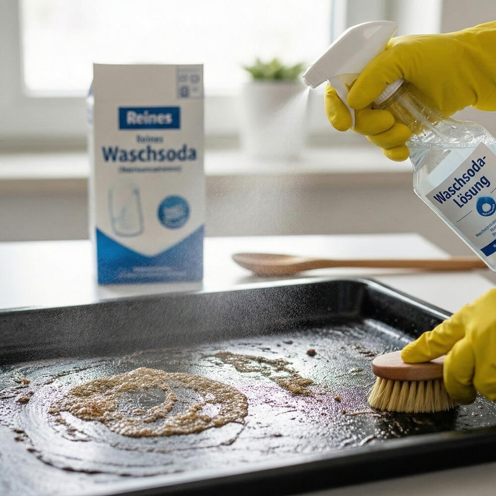 Waschsoda-Lösung aus der Sprühflasche löst Fett auf einem Backblech.