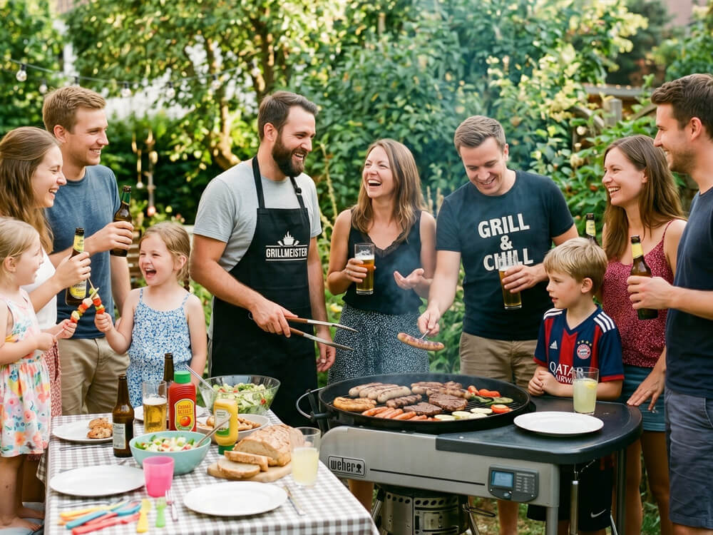 Familie bereitet Speisen und Zubehör für einen organisierten Grillabend vor