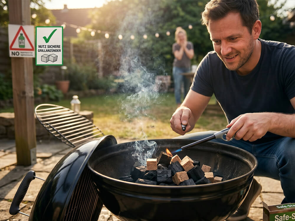 Grillgut liegt auf dem Rost, während Rauch und direkte Flammen vermieden werden