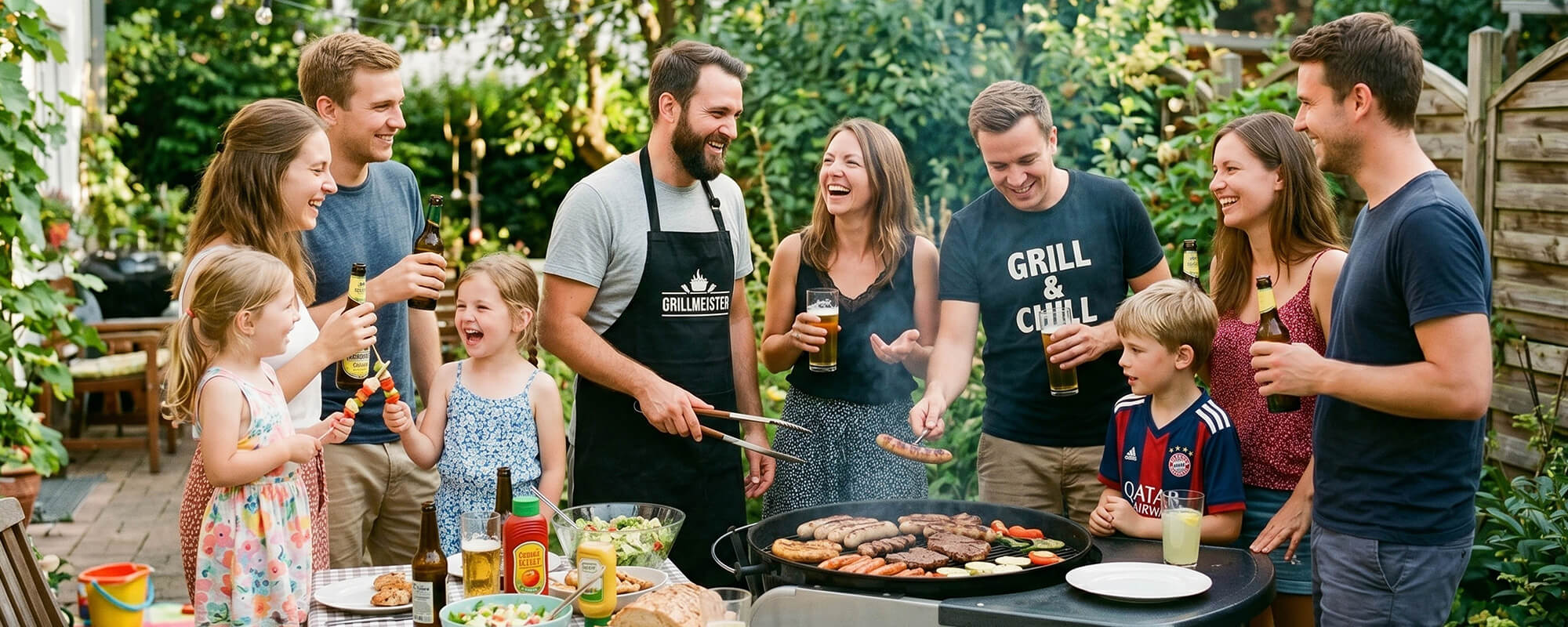 Grillen Sicherheit beim Grillabend im Garten mit vorbereiteten Speisen, Grill und Familie