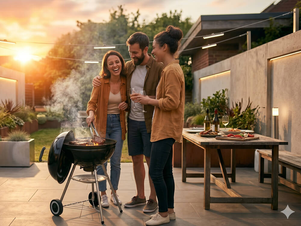 Familie richtet den Grillplatz im Garten sicher und mit Abstand ein