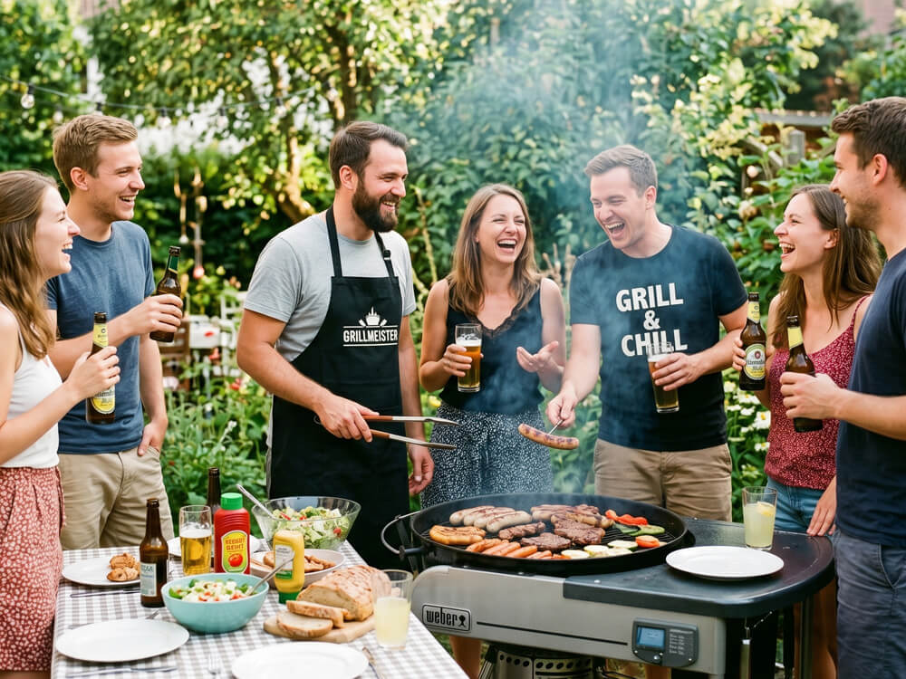 Familie steht gemeinsam am Grill und achtet auf einen sicheren Grillplatz