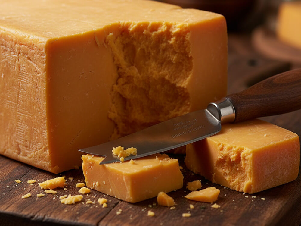 Gereifter Cheddar-Käseblock mit Käsemesser auf rustikalem Holzbrett – würziger Käse zum Überbacken von Mac and Cheese und Aufläufen