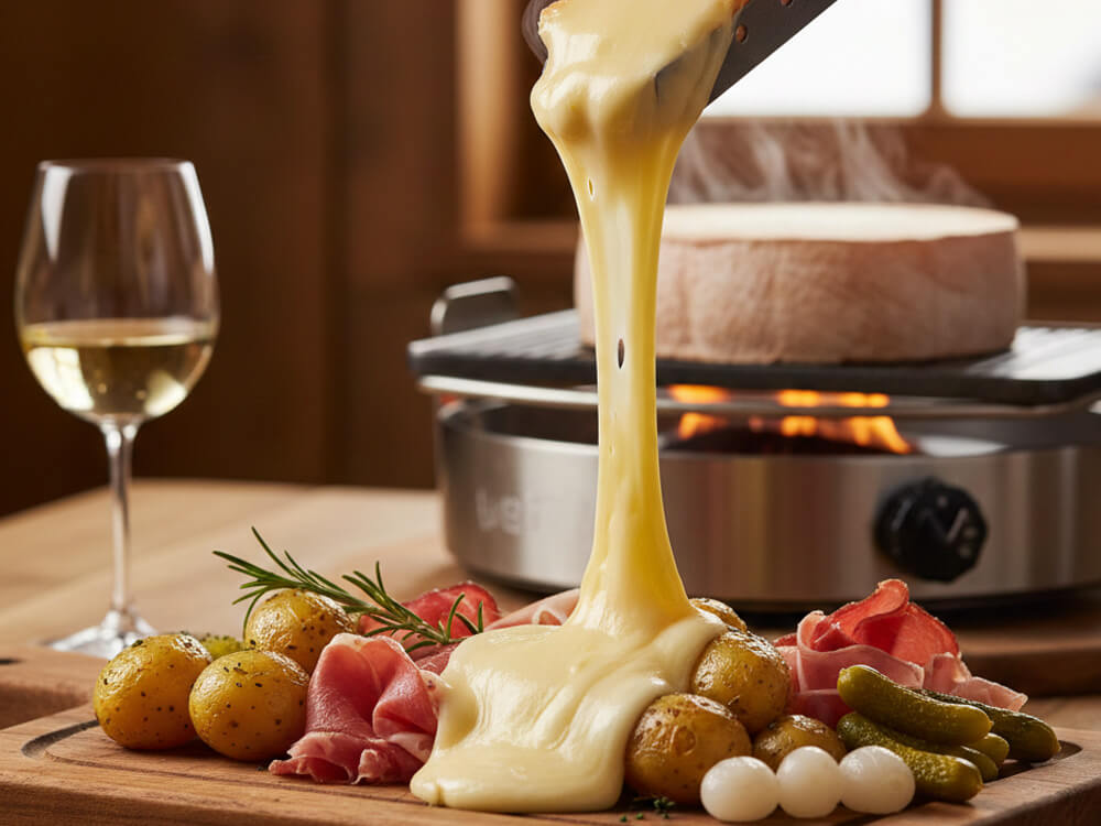 Gruyère-Käsekeil, angeschnitten auf einem Holzbrett – fein-nussiger Käse zum Überbacken von Gratins und Ofengerichten