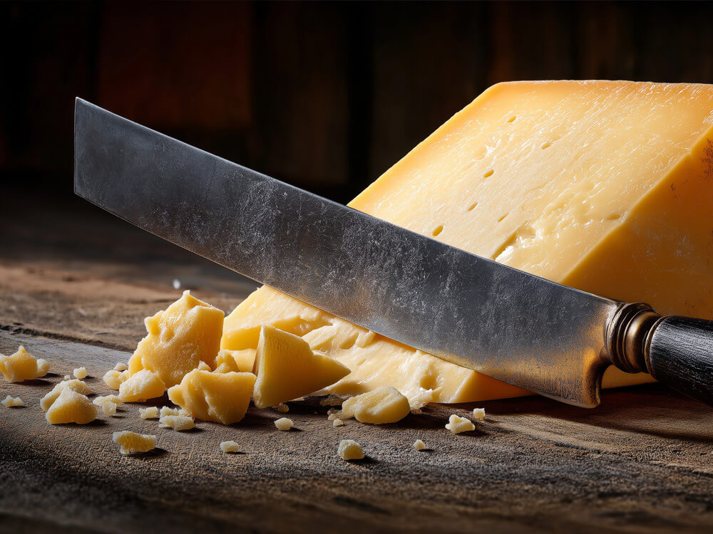 Großes Stück Hartkäse mit Käsespänen und Käsemesser auf rustikalem Holztisch – Käse zum Überbacken und Reiben für Aufläufe