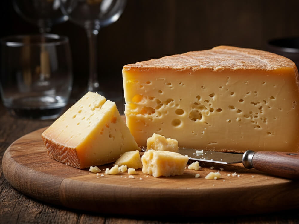 Geschmolzener Raclettekäse über Kartoffeln, Fleisch und eingelegtem Gemüse – würziger Käse zum Überbacken und Gratinieren