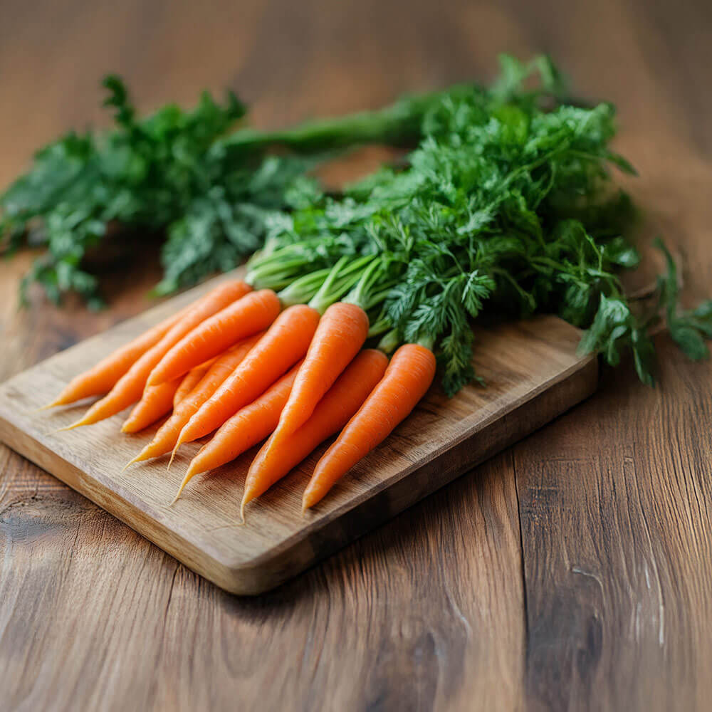 Karotten-frisch-halten – Bio-Karotten mit Grün auf Holzbrett richtig lagern