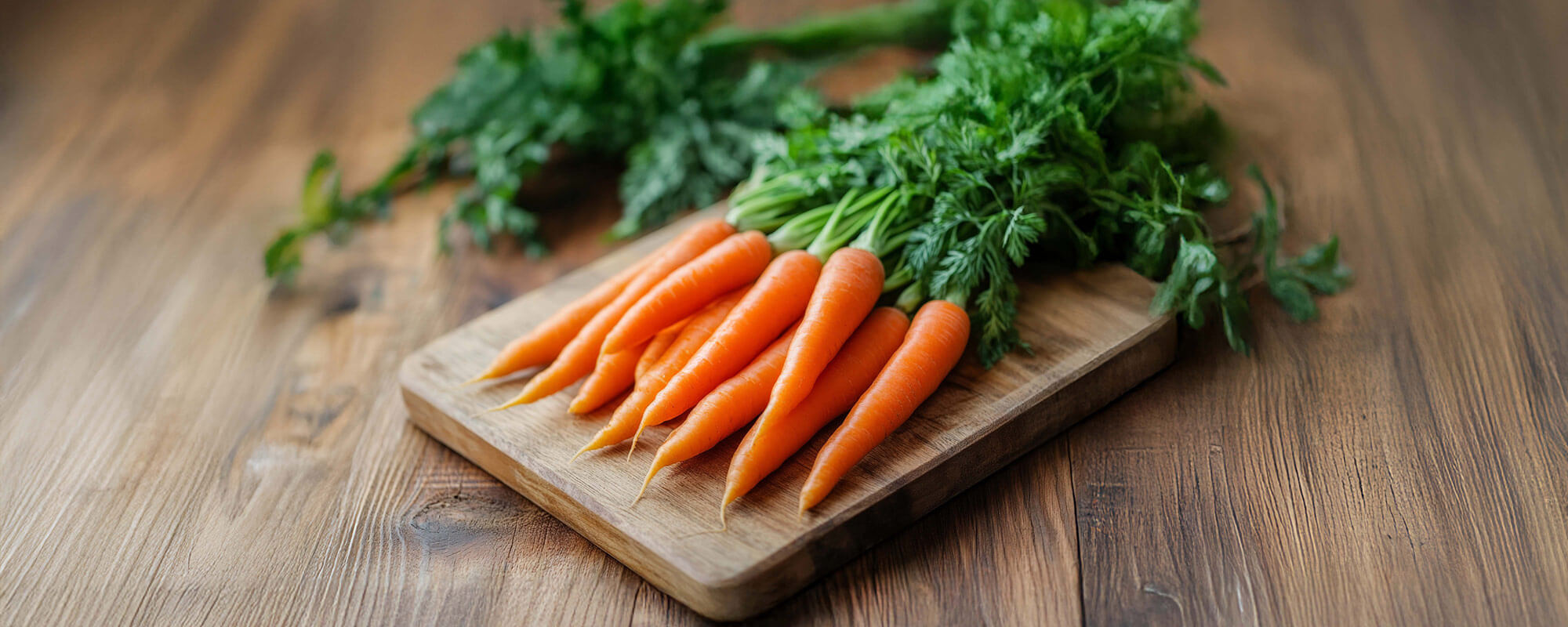 Möhren-richtig-lagern im Kühlschrank – frische Karotten mit Grün auf Holzbrett