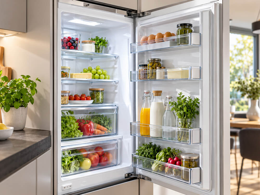 Geöffneter Einbaukühlschrank mit Obst, Gemüse, Vorratsgläsern und gefüllten Türfächern in einer hellen Küche.