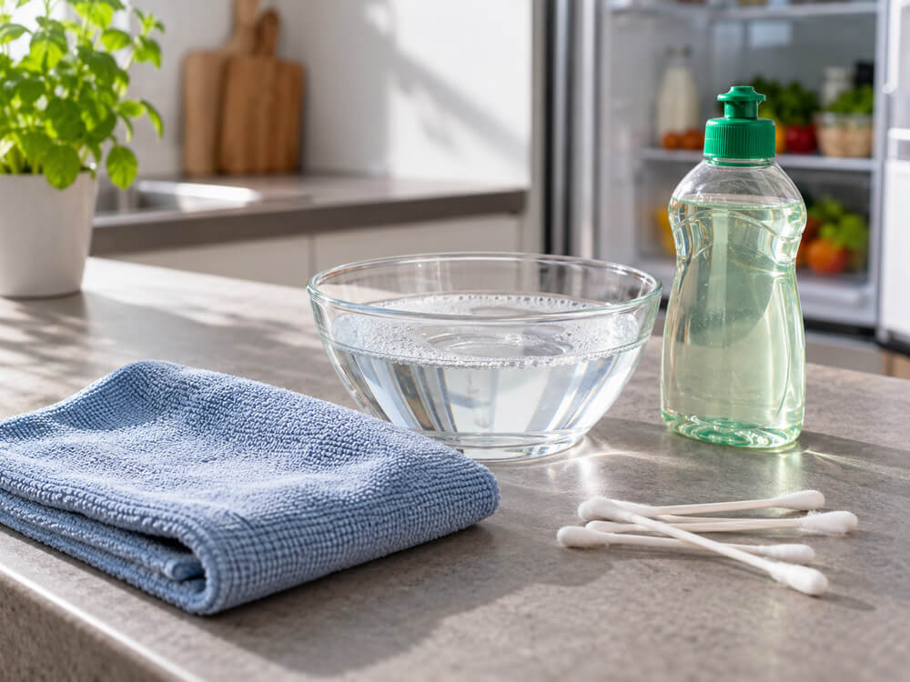 Blaues Mikrofasertuch, Wattestäbchen, eine Glasschüssel mit schäumendem Wasser und eine Spülmittelflasche auf einer Arbeitsplatte.