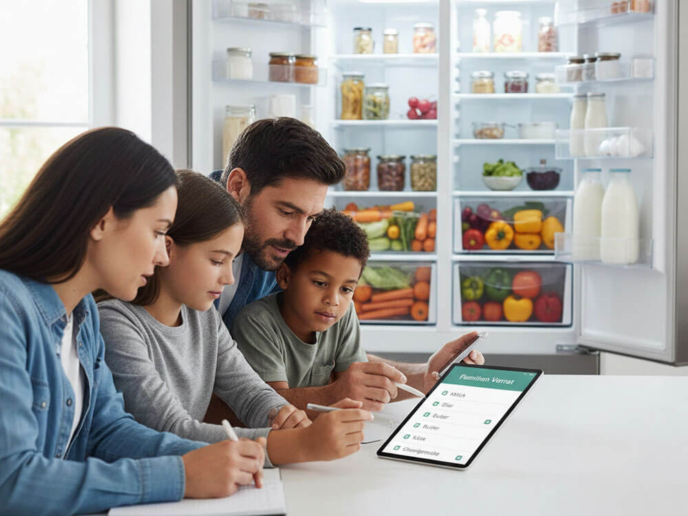 Familie organisiert Lebensmittelvorrat am Tablet vor geöffnetem Kühlschrank – Familienorganisation-App und Kühlschrank Organisation als Küchen-Lifehack